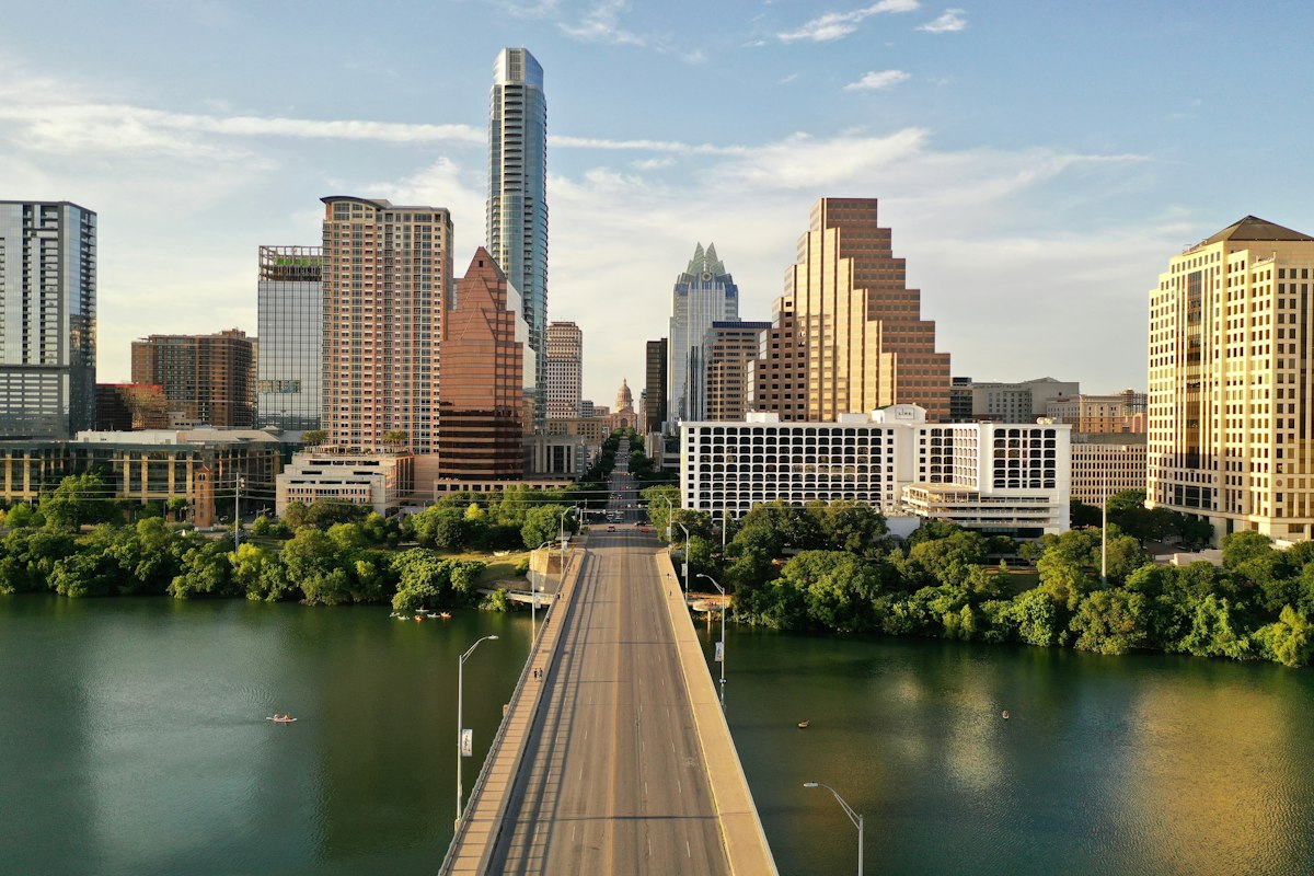 The downtown Austin, Texas skyline seen from the South Congress Bridge
